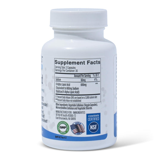 Close-up of 600mg R-ALA Stabilized formula on bottle