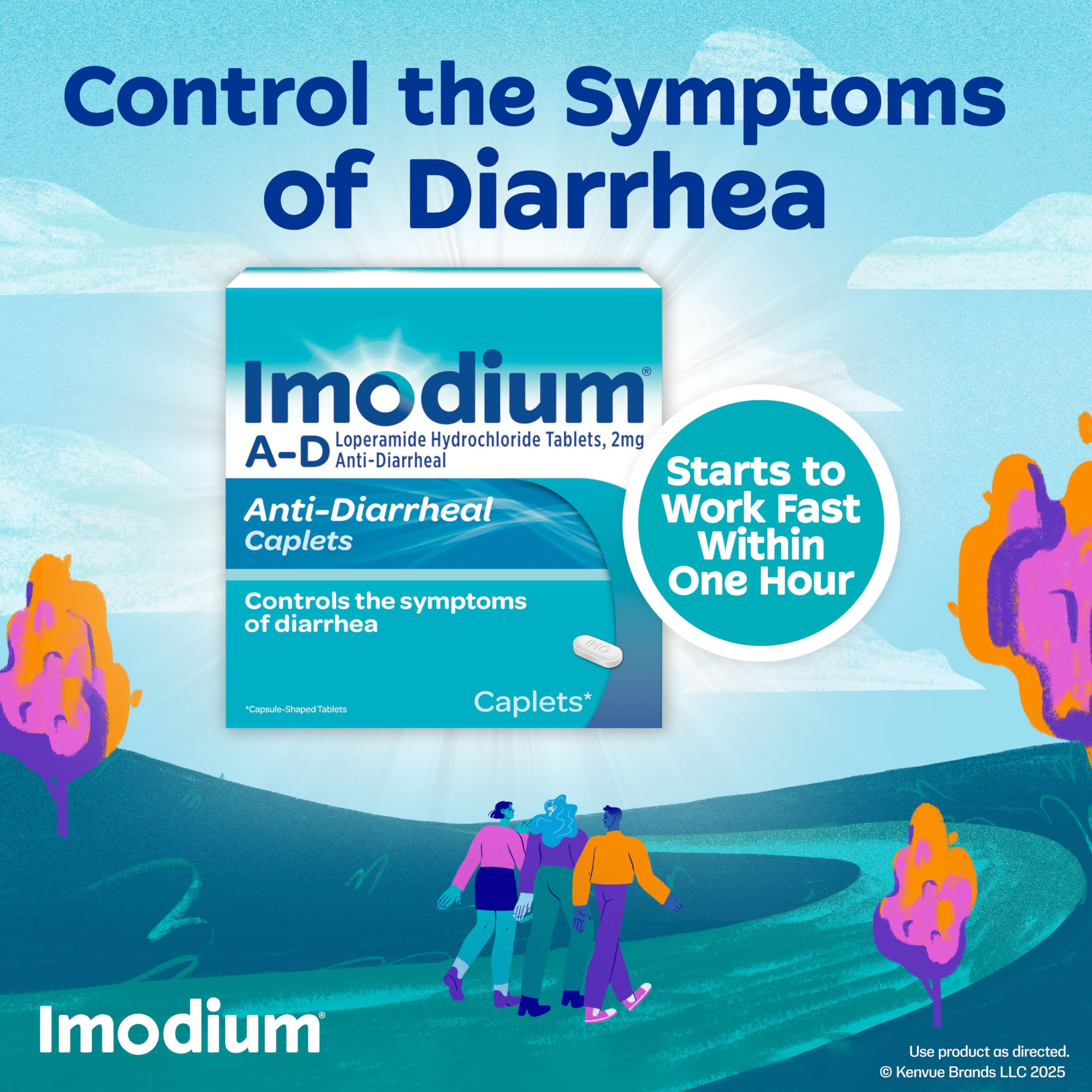 Imodium A-D Caplets close-up highlighting 2 mg loperamide HCl per caplet