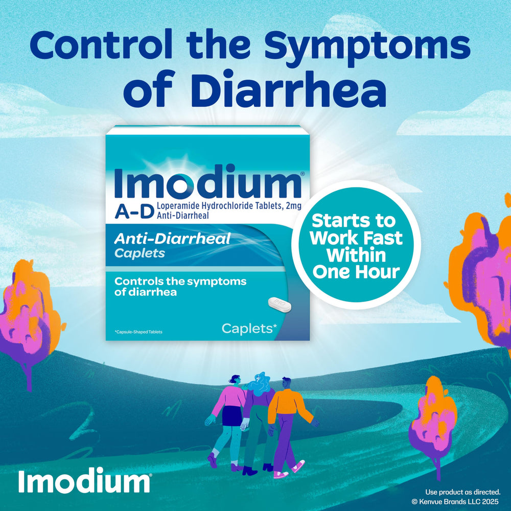 Imodium A-D Caplets close-up highlighting 2 mg loperamide HCl per caplet