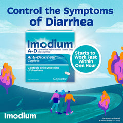 Imodium A-D Caplets close-up highlighting 2 mg loperamide HCl per caplet