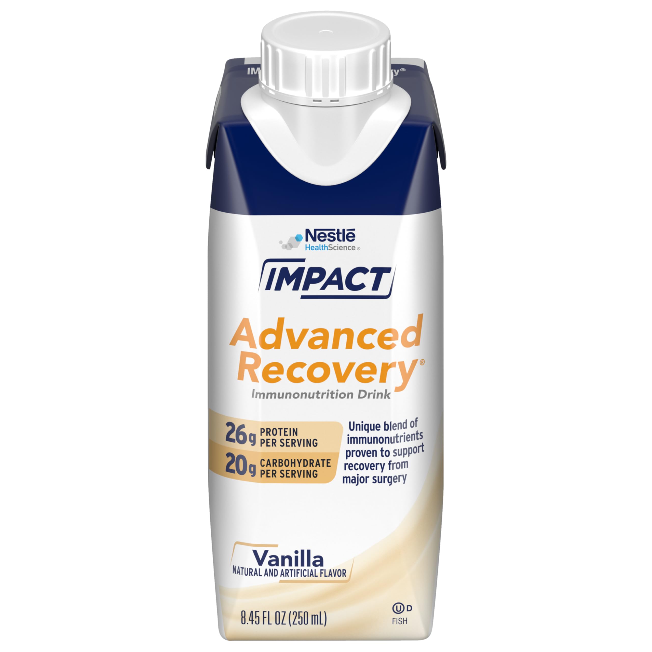 Impact Advanced Recovery Drink vanilla bottle highlights arginine and omega-3 for potential recovery support