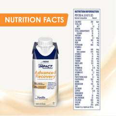 Impact Advanced Recovery Drink vanilla carton shows convenient ready-to-drink nutrition for post-surgery moments