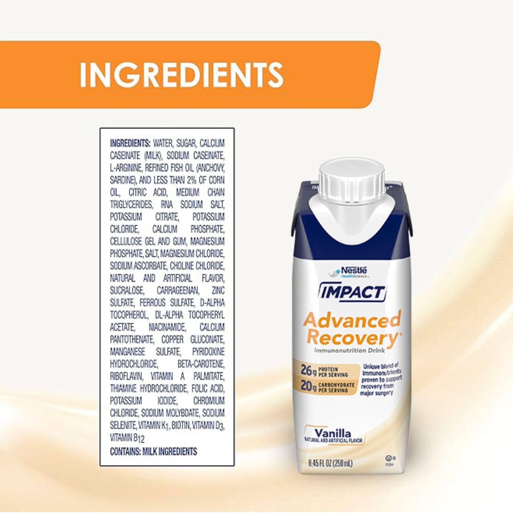 Impact Advanced Recovery Drink vanilla ingredient panel highlights nucleotides and omega-3 for balanced nutrition