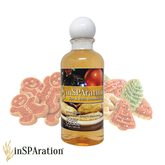 Close-up of inSPAration spa liquid 9oz bottle in Holiday Sugar Cookie & Pumpkin fragrance