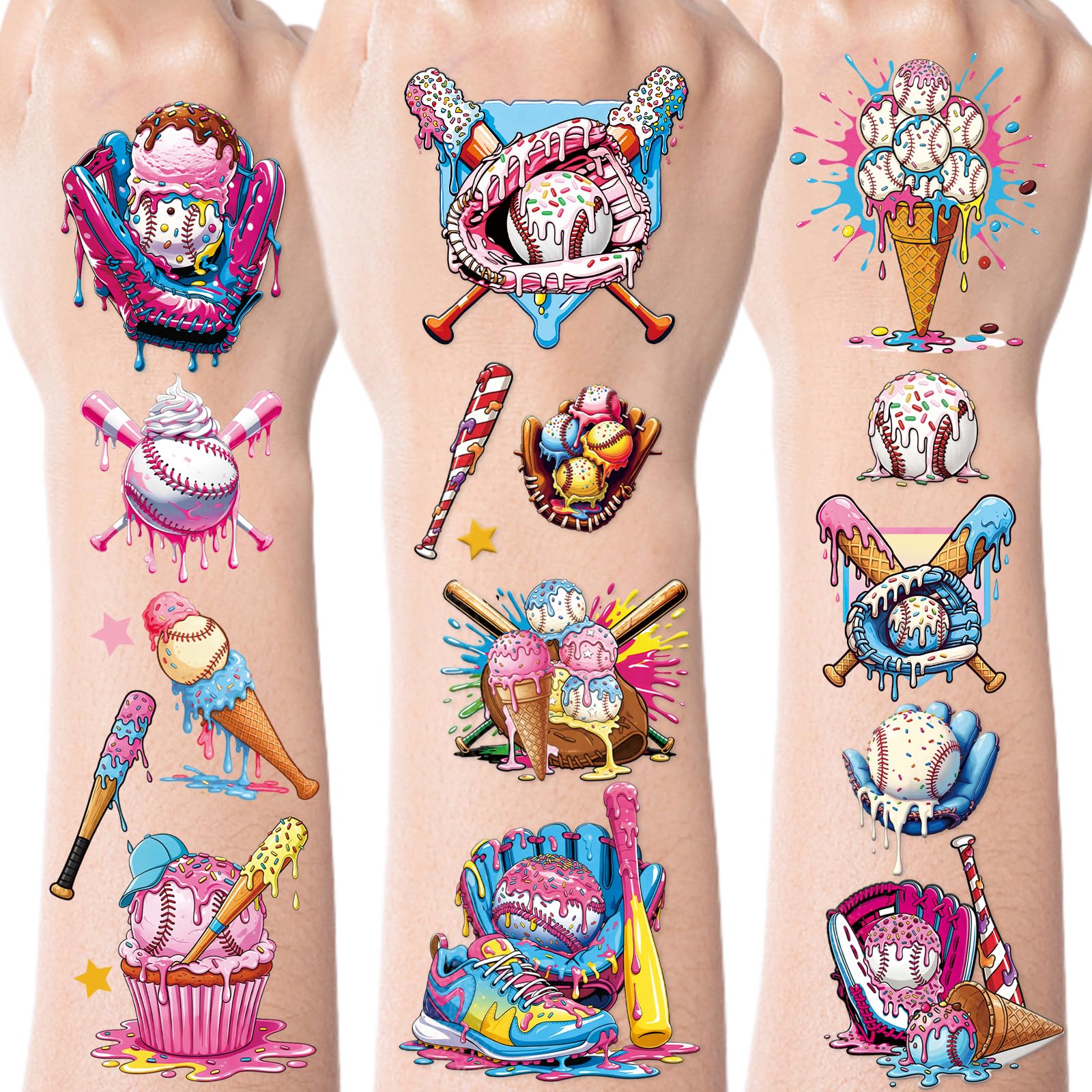 INCOK baseball ice cream drip tattoos with eight designs for party favors