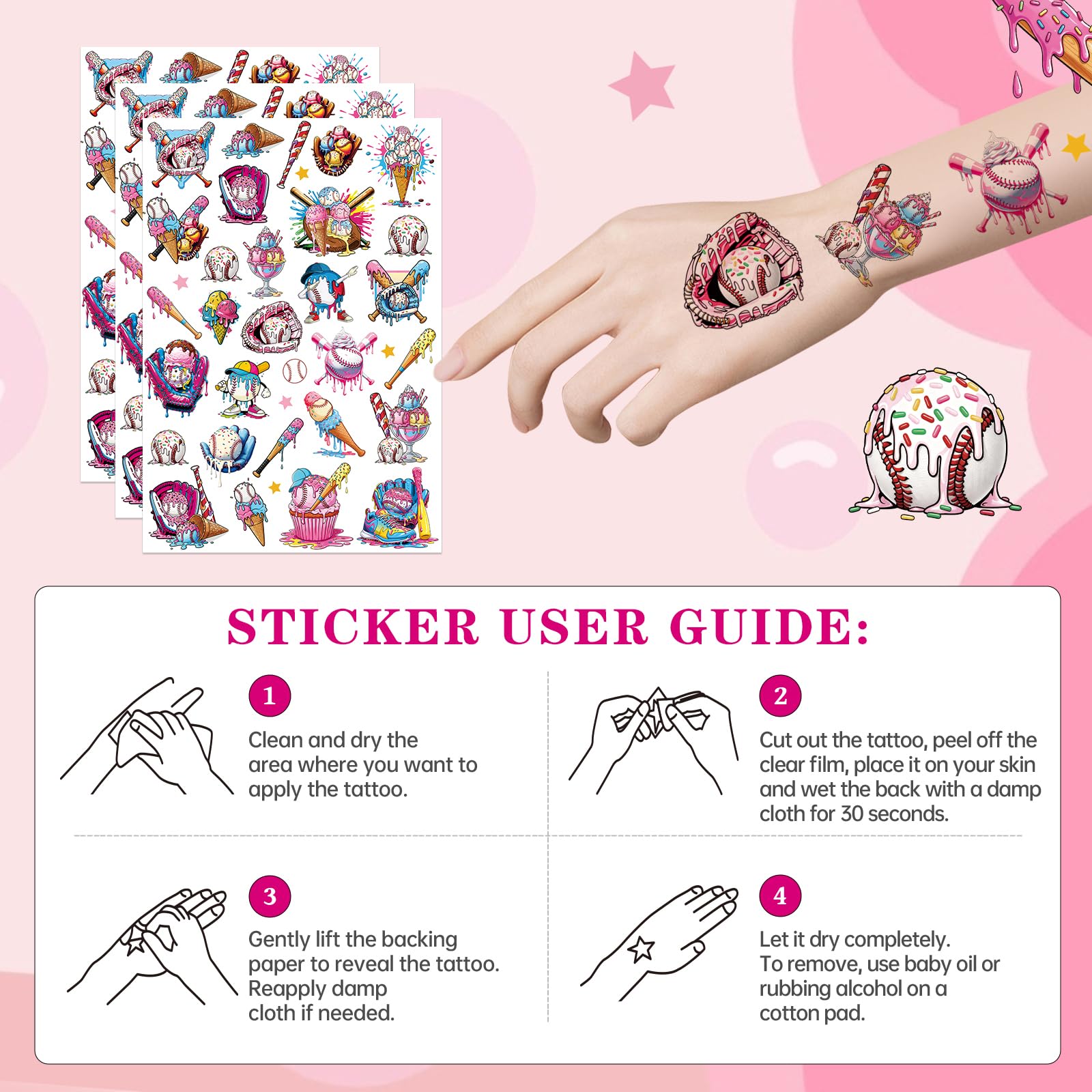 INCOK baseball ice cream drip tattoos suitable as school prizes