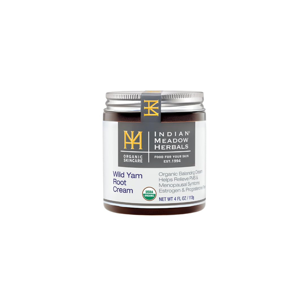 Indian Meadow Herbals Wild Yam Root Cream amber bottle — convenient topical application for menopausal comfort.