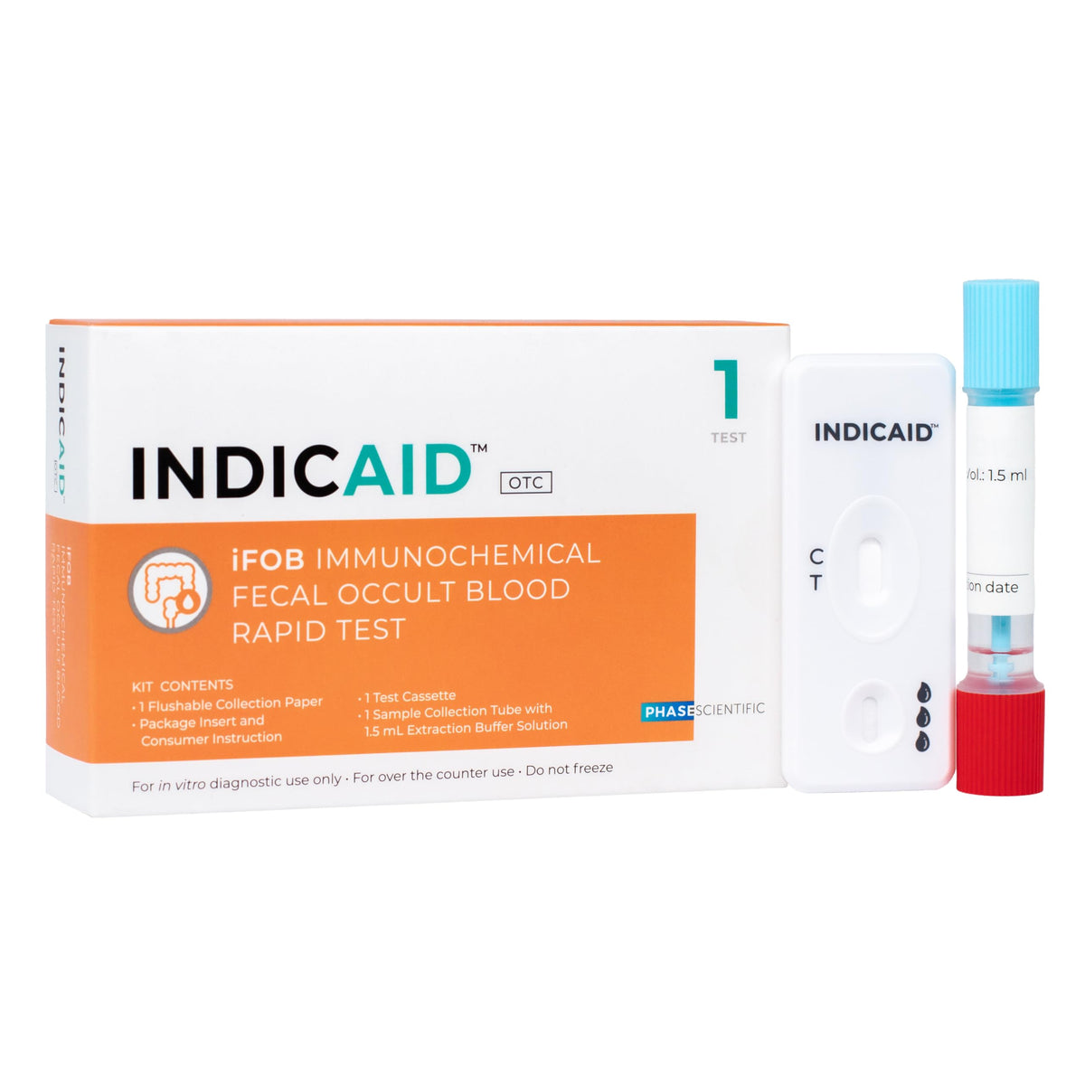INDICAID iFOB test kit contents with cassette and collection tools