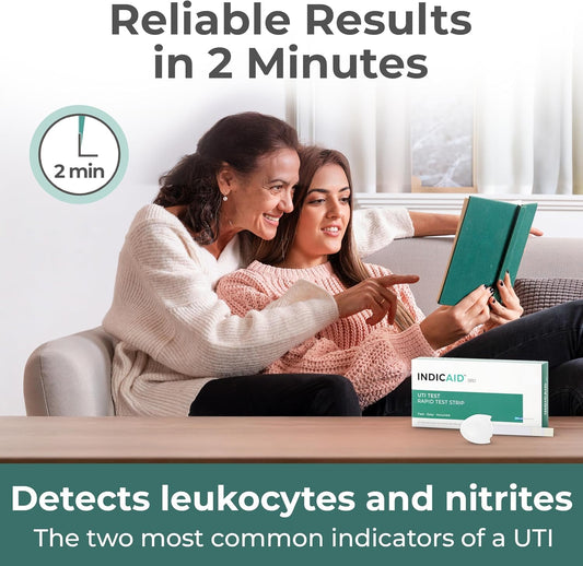 Close-up of leukocytes and nitrites indicators on INDICAID UTI strip