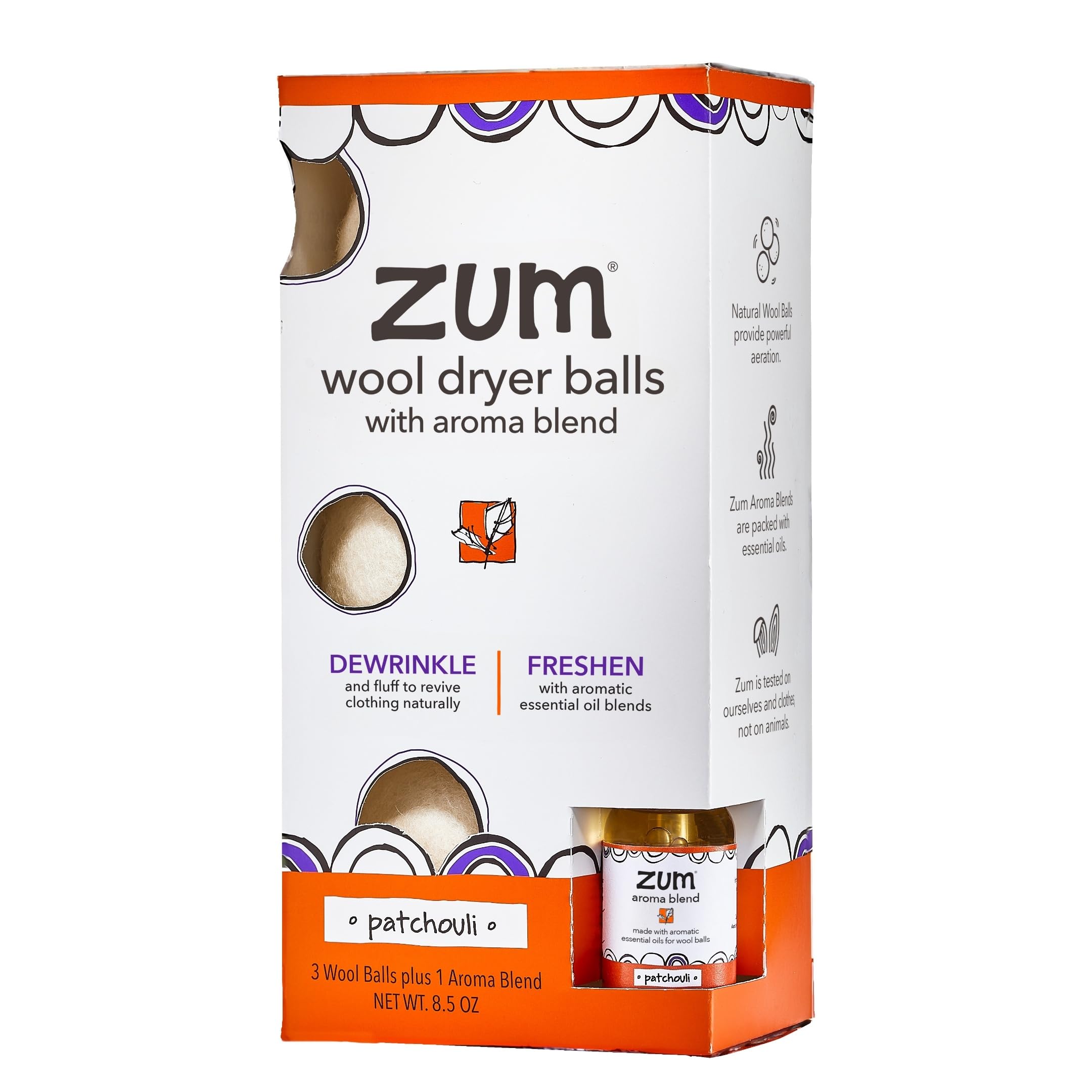 Indigo Wild Zum Laundry Dryer Balls Kit packaging with 3 wool dryer balls