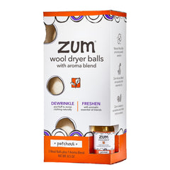 Indigo Wild Zum Laundry Dryer Balls Kit packaging with 3 wool dryer balls