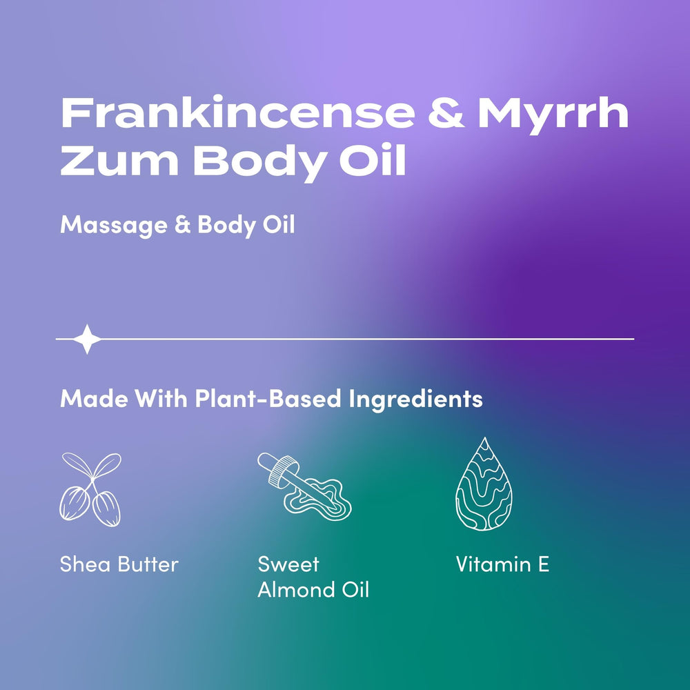 Close-up of Indigo Wild Zum Frankincense & Myrrh Body Oil bottle