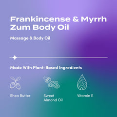 Close-up of Indigo Wild Zum Frankincense & Myrrh Body Oil bottle