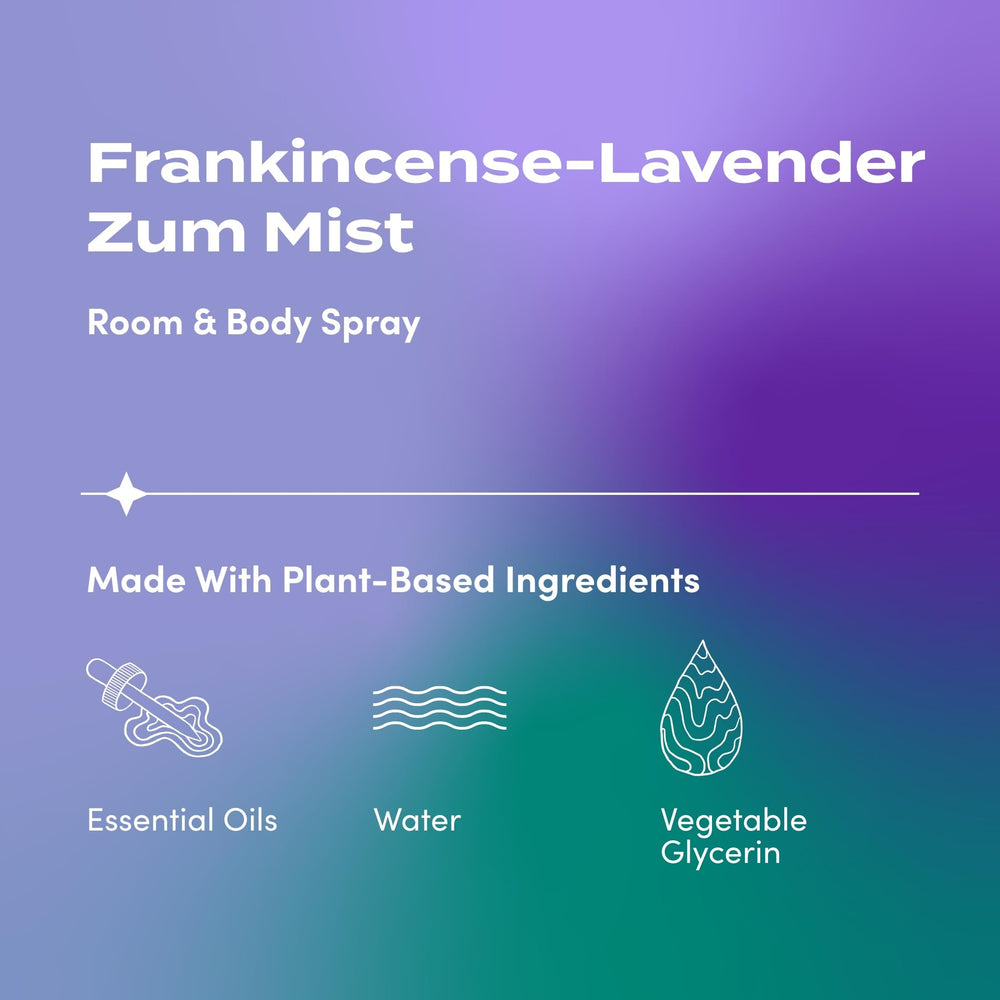 Close-up of Zum Mist label showing Frankincense-Lavender