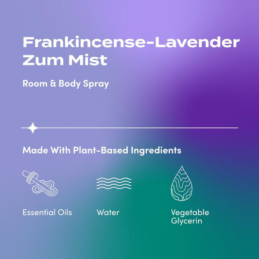 Close-up of Zum Mist label showing Frankincense-Lavender