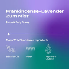 Close-up of Zum Mist label showing Frankincense-Lavender