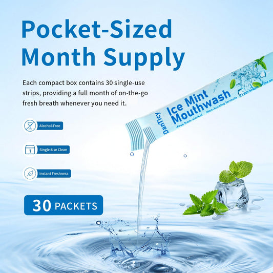 Individual 0.41 fl oz mouthwash packets in mint flavor