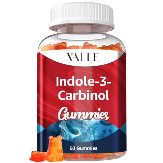 Bottle label showing Indole-3-Carbinol 400mg gummies with vegan, non-GMO, gluten-free icons