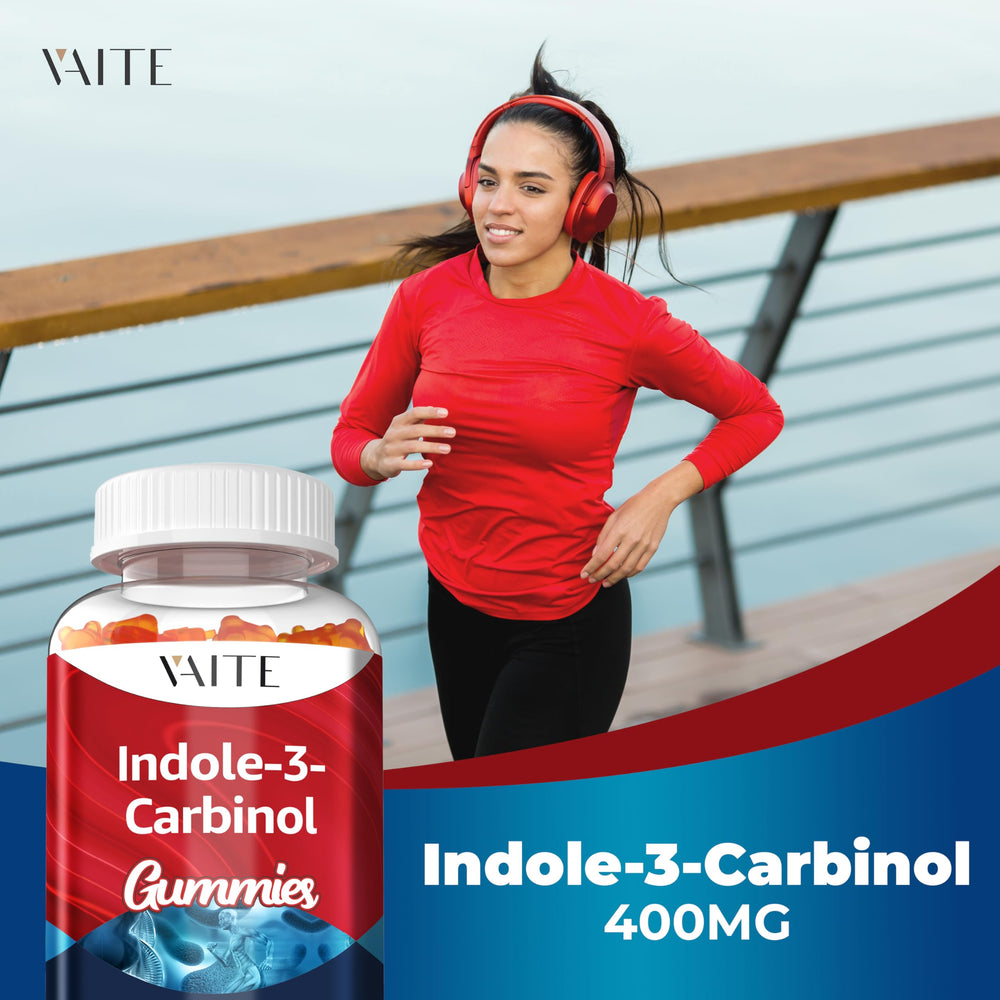 Wellness lifestyle shot featuring Indole-3-Carbinol gummy supplement