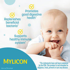 Dosing Infants' Mylicon Daily Probiotic Drops on a spoon