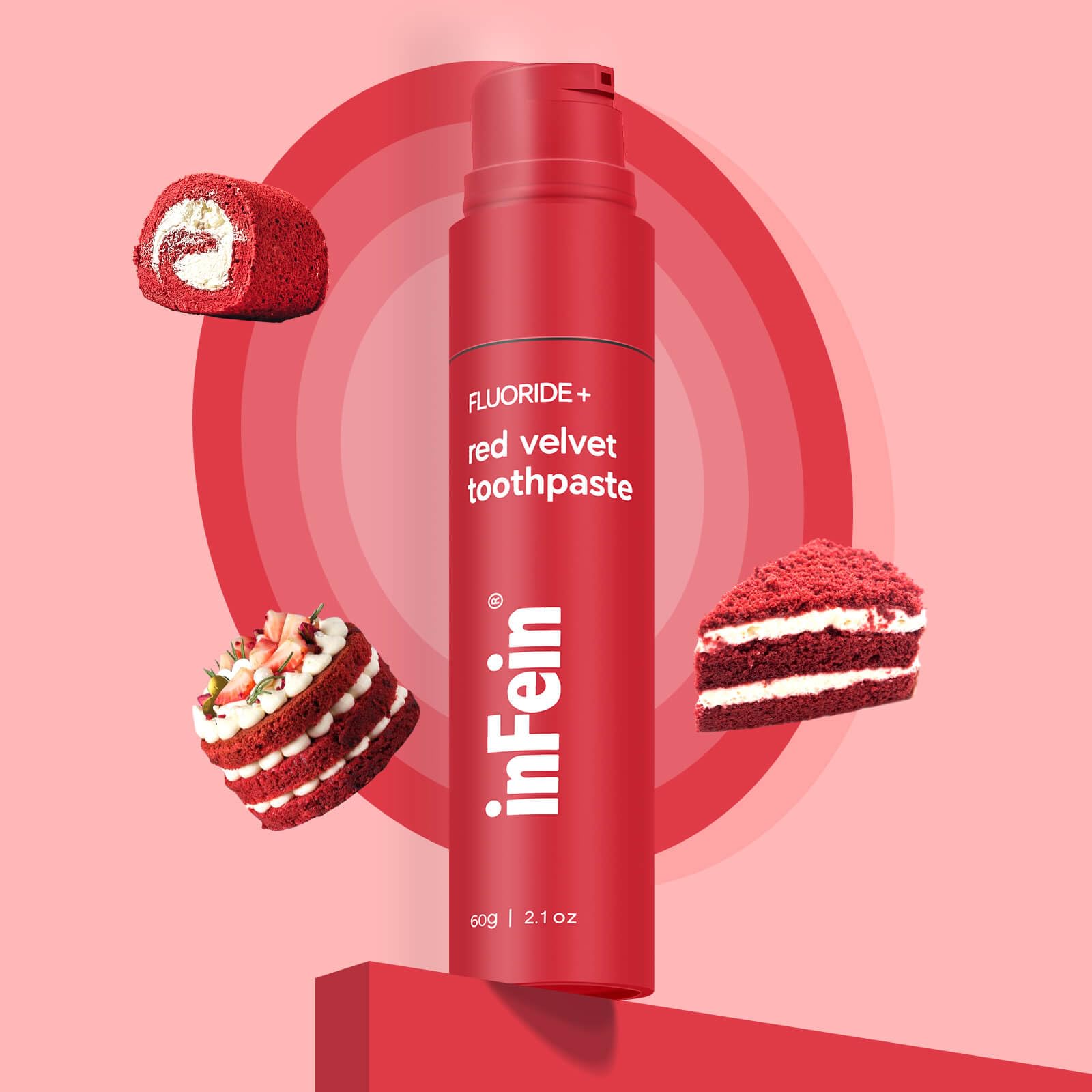 InFein Red Velvet Fluoride Toothpaste displayed on a clean surface