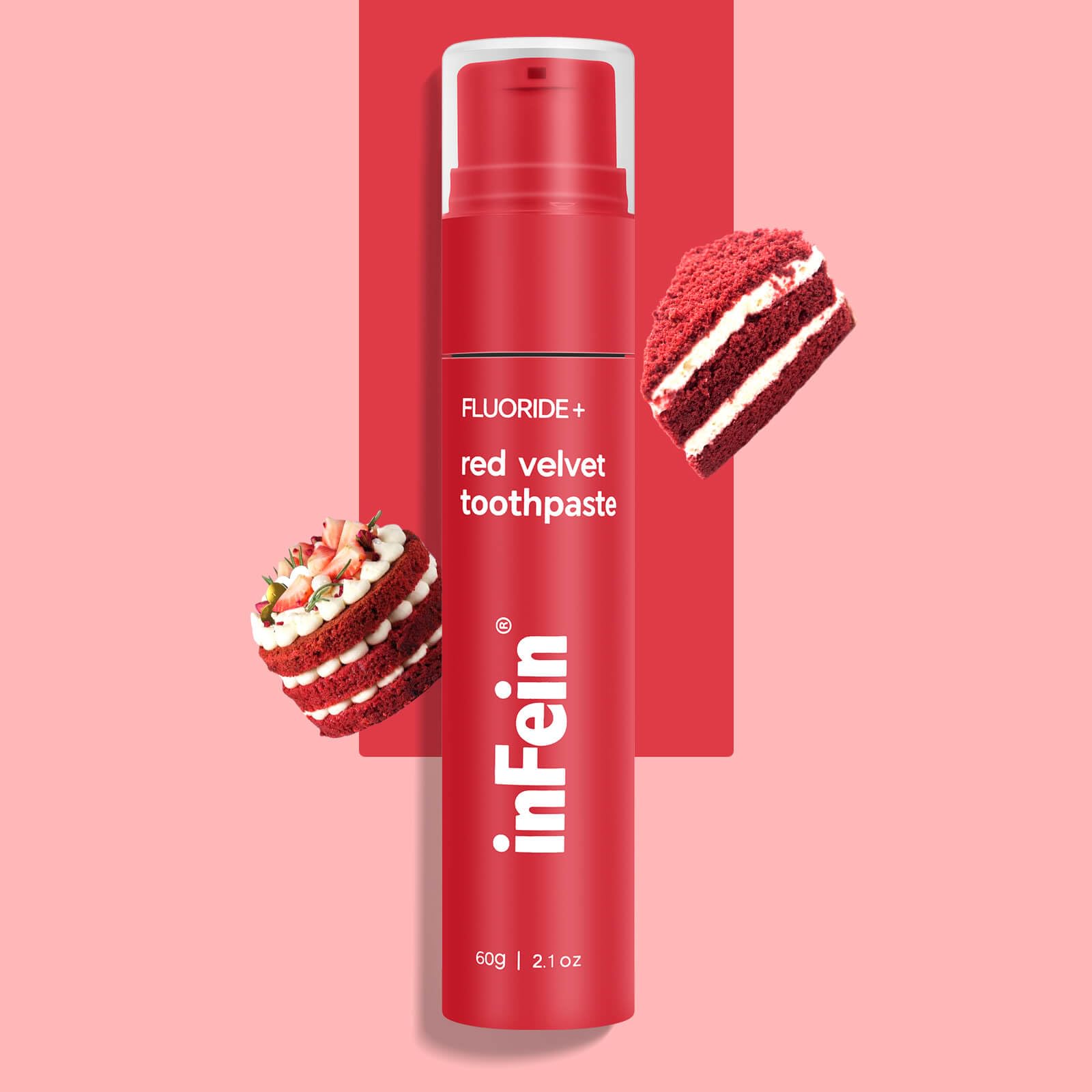 Front view of inFein Red Velvet Fluoride Toothpaste tube