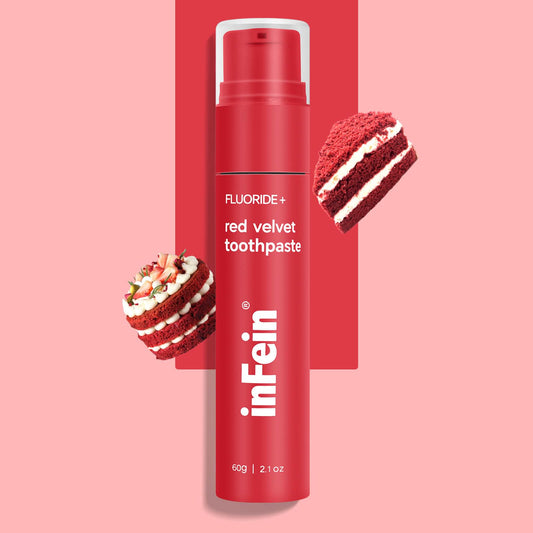 Front view of inFein Red Velvet Fluoride Toothpaste tube