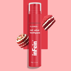 Front view of inFein Red Velvet Fluoride Toothpaste tube
