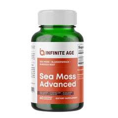 Front view of Infinite Age sea moss capsules bottle