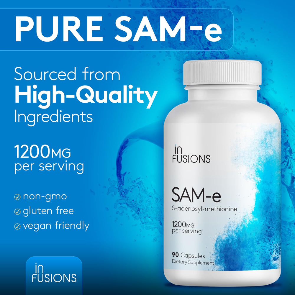 Label noting GMP-compliant and FDA-registered facility for Infusions SAM-e production