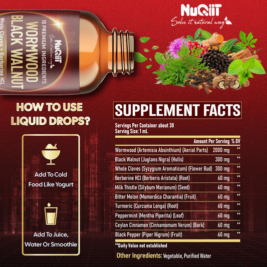Ingredient diagram showing wormwood, black walnut, and cloves