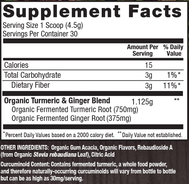 Ingredient panel highlighting organic turmeric and ginger