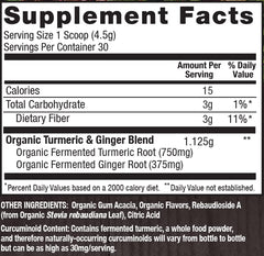 Ingredient panel highlighting organic turmeric and ginger