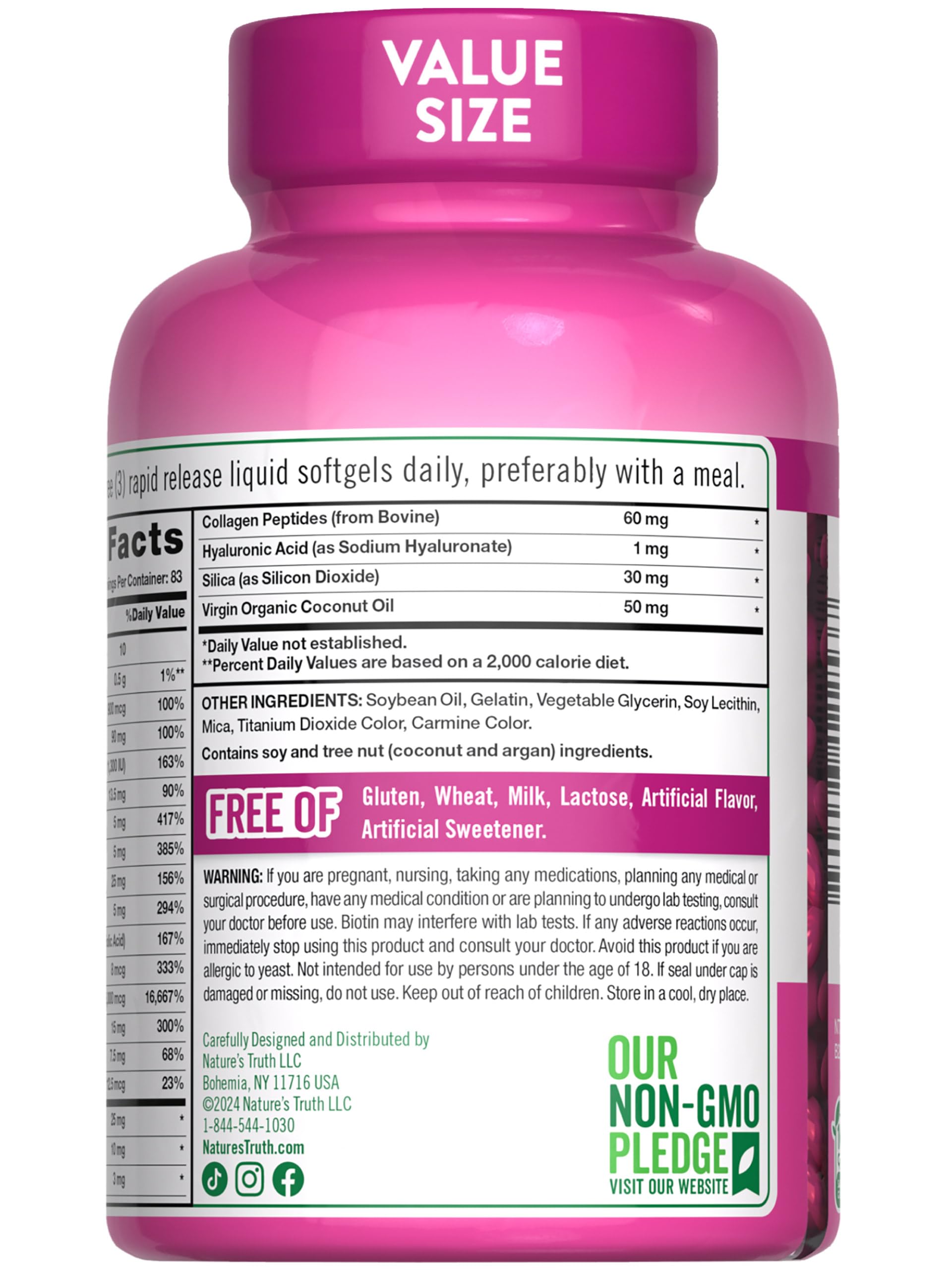 Ingredients and benefits chart for Biotin, Collagen and Coconut Oil