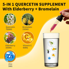 Illustration showing quercetin, bromelain, elderberry, vitamin C, and zinc ingredients