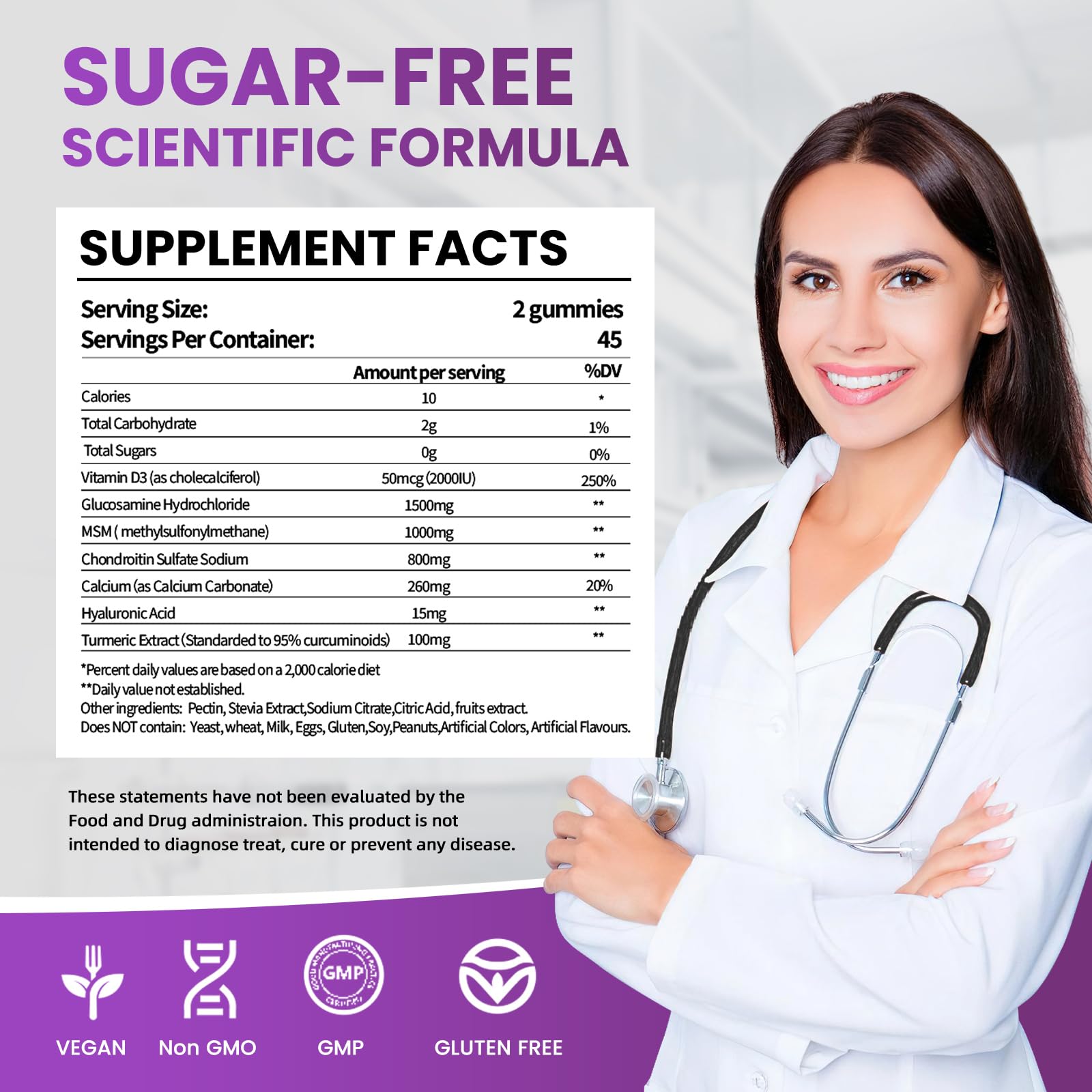 Ingredients: glucosamine, chondroitin, MSM, turmeric, hyaluronic acid, calcium and vitamin D3