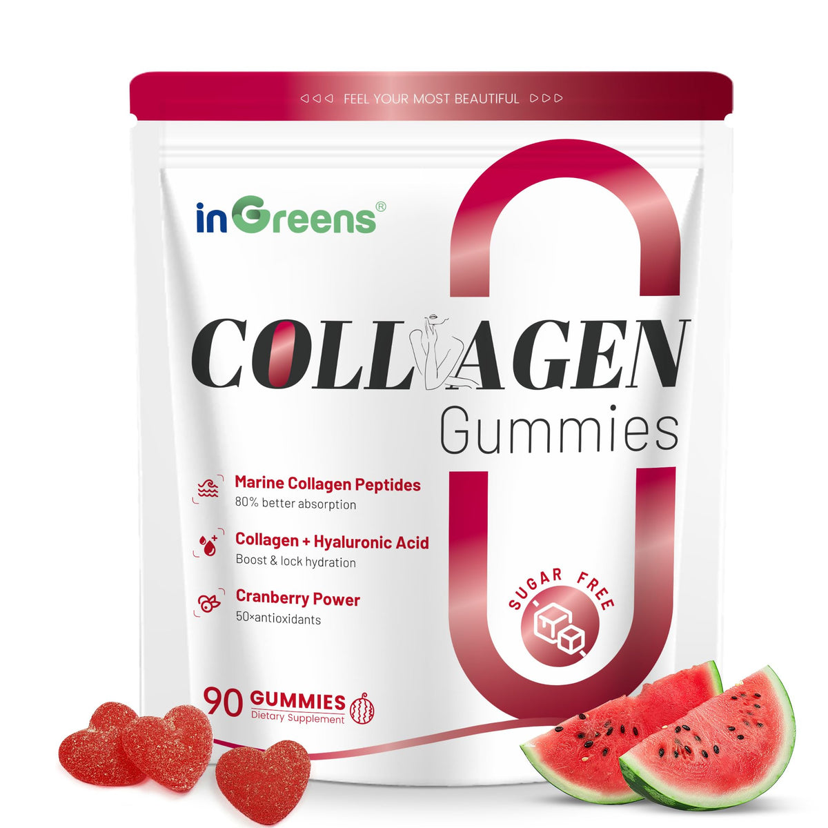 Front view of inGreens Collagen Gummies bottle – 90 count