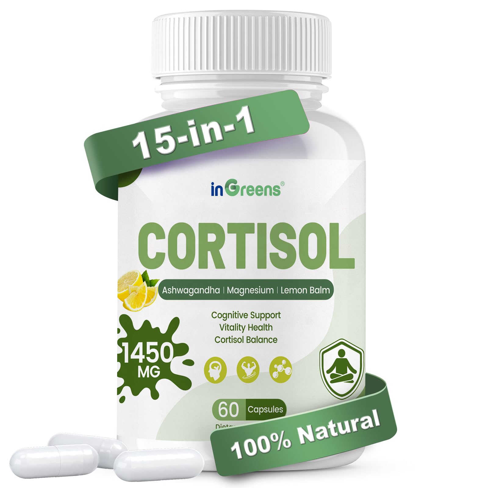 Bottle of inGreens Cortisol Supplement with 60 capsules