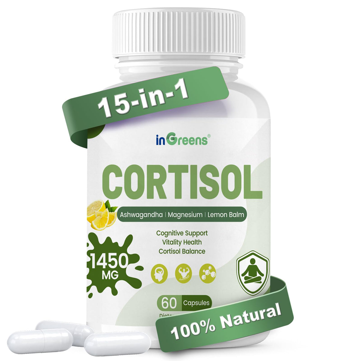 Bottle of inGreens Cortisol Supplement with 60 capsules