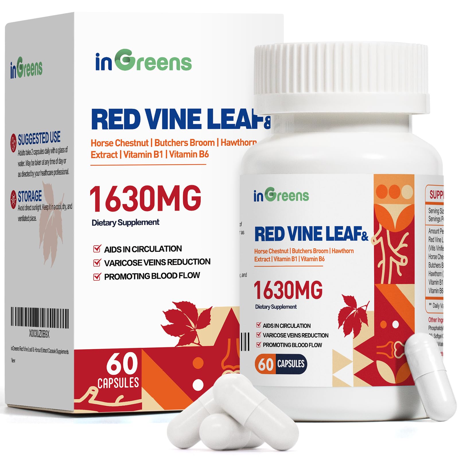 inGreens Red Vine Leaf Extract 1630mg with Horse Chestnut and Butchers Broom bottle