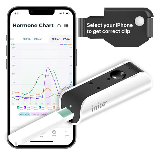 Inito fertility monitor device with a compatible iPhone showing the app