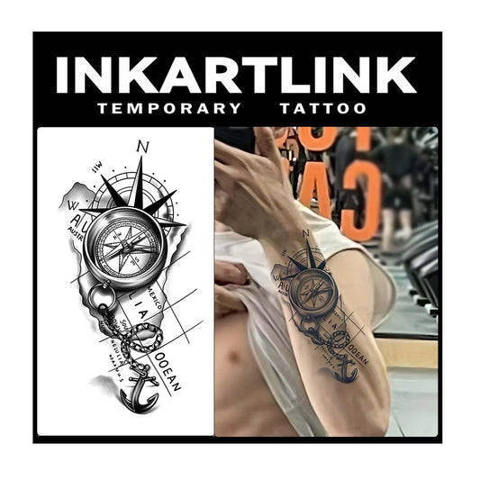 INKARTLINK compass large tattoo on arm demonstrates durable, water-resistant wear.