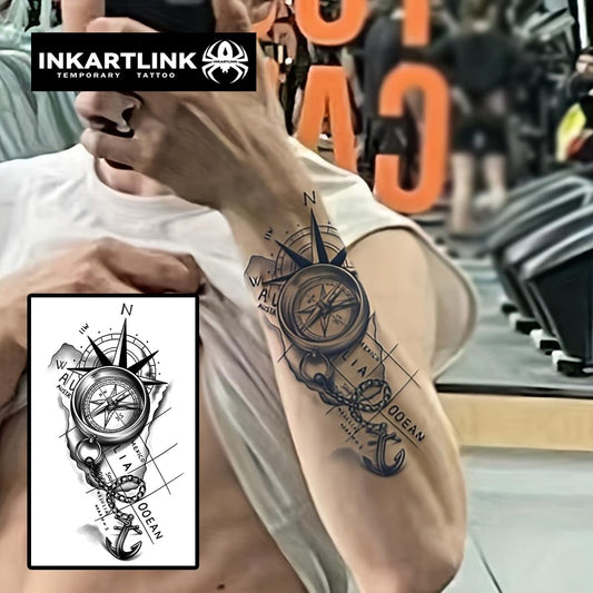 INKARTLINK compass tattoo closeup reveals realistic shading and seamless skin blend.