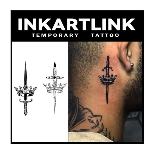 INKARTLINK Crowned Swords design on skin showing a realistic tattoo look and lasting quality.