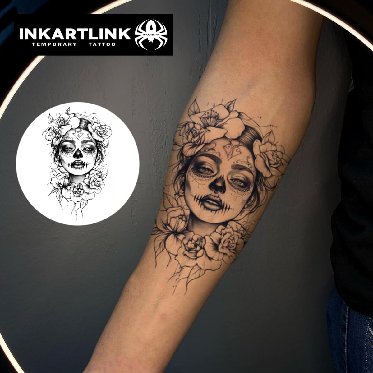 INKARTLINK Day of the Dead pattern tattoo featuring intricate motifs for celebrations.