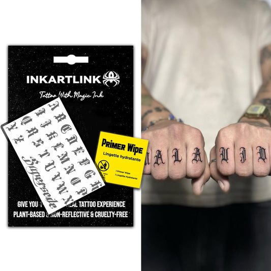 INKARTLINK Gothic alphabet name tattoo showing durable, fade-resistant design for everyday wear.
