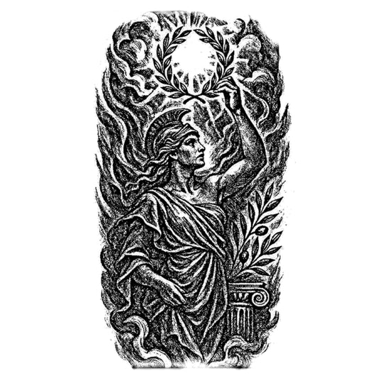 INKARTLINK Laurel Bearing Figure tattoo close-up with a realistic look for subtle skin art