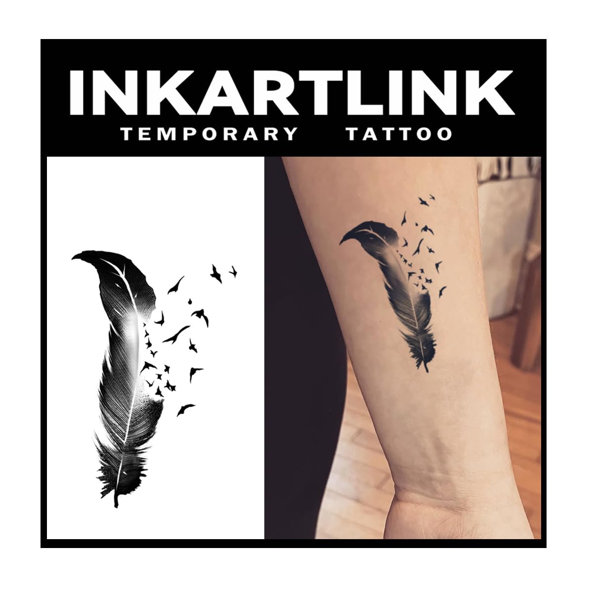INKARTLINK Tattoo Tech feather design for subtle, long-lasting arm accent.