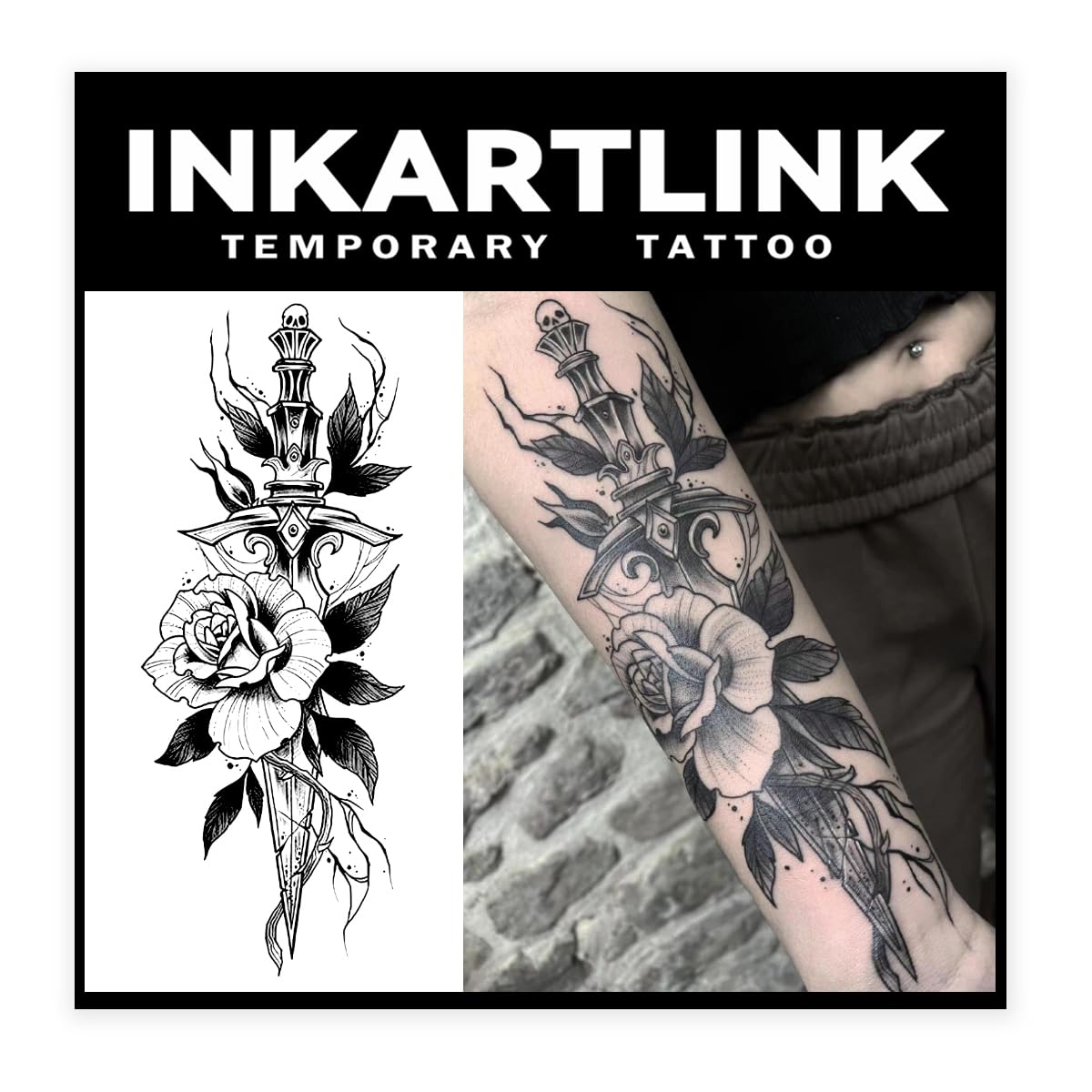 INKARTLINK Tattoo Tech flower and sword design on skin, bold style that lasts 1-2 weeks.