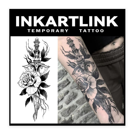 INKARTLINK Tattoo Tech flower and sword design on skin, bold style that lasts 1-2 weeks.